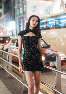 Black Spring Sequinned Cut Out Qipao