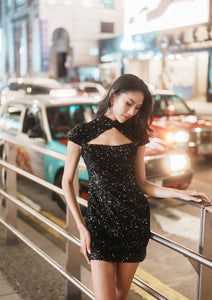 Black Spring Sequinned Cut Out Qipao