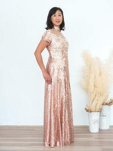 Cap Sleeves All Over Sequins A line Qipao Gown