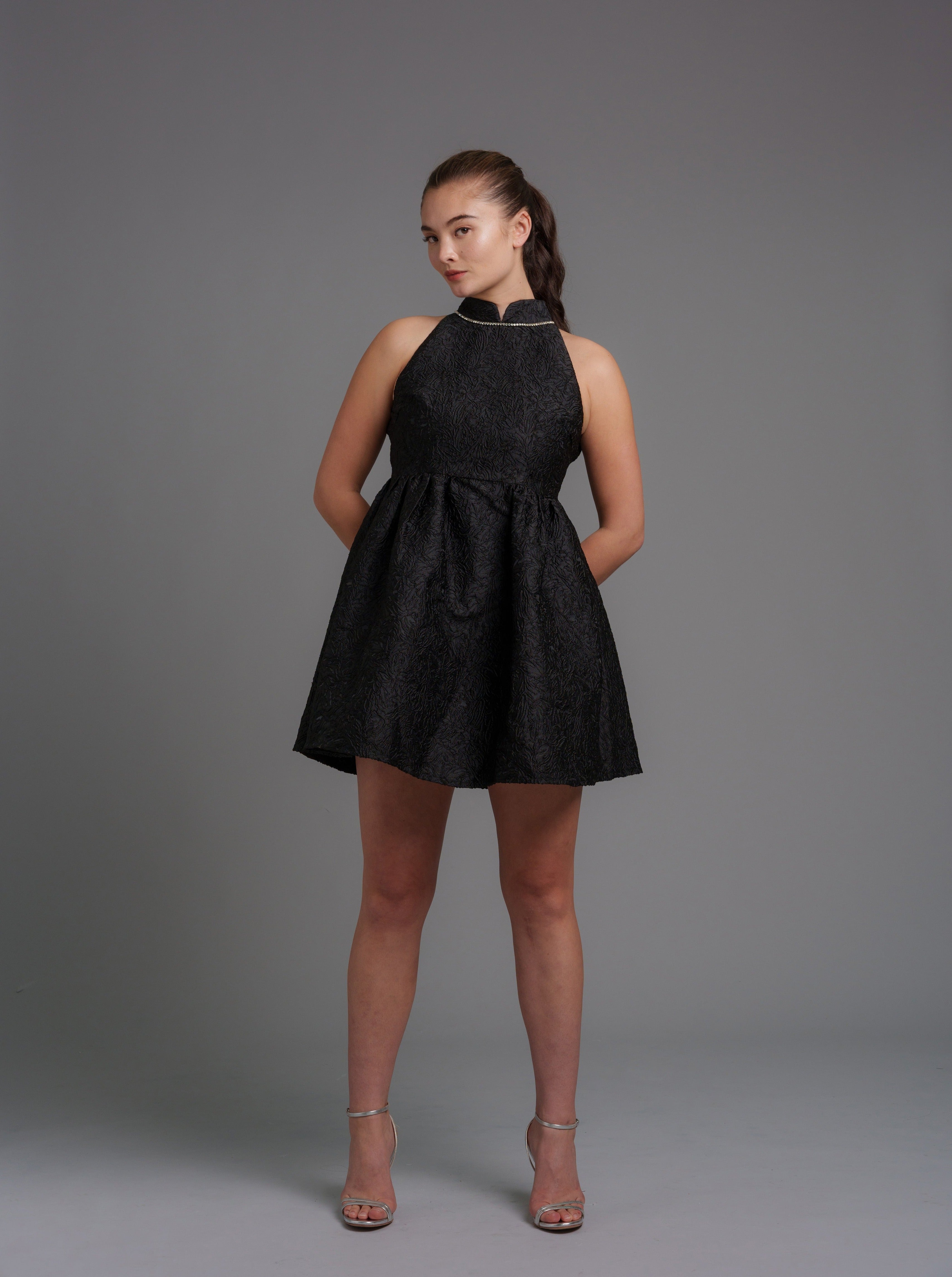 Black Petunia Brocade Mini Qipao