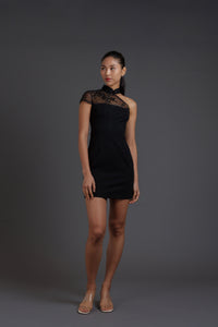 Black Rose Asymmetrical Lace Mini Qipao