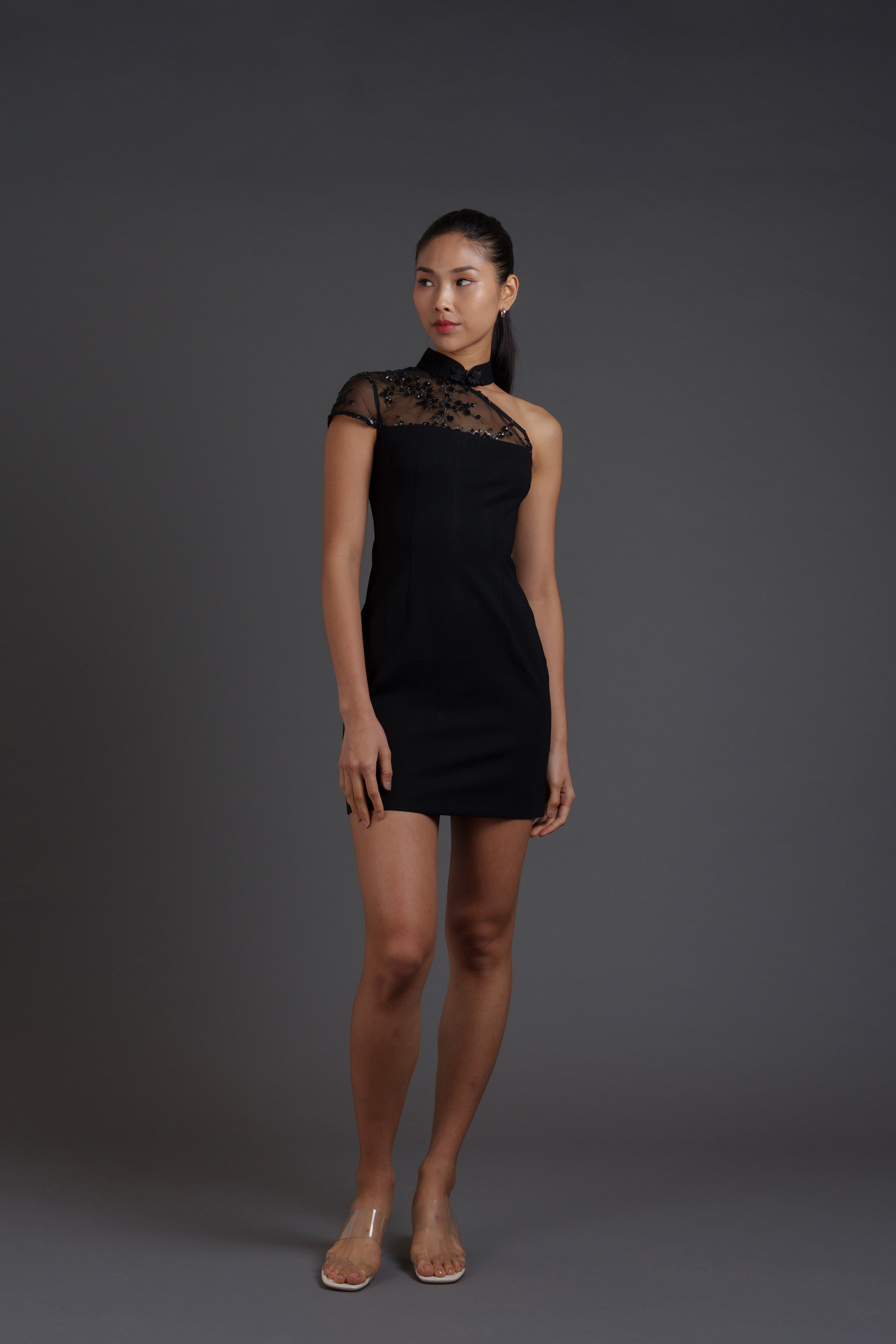 Black Rose Asymmetrical Lace Mini Qipao