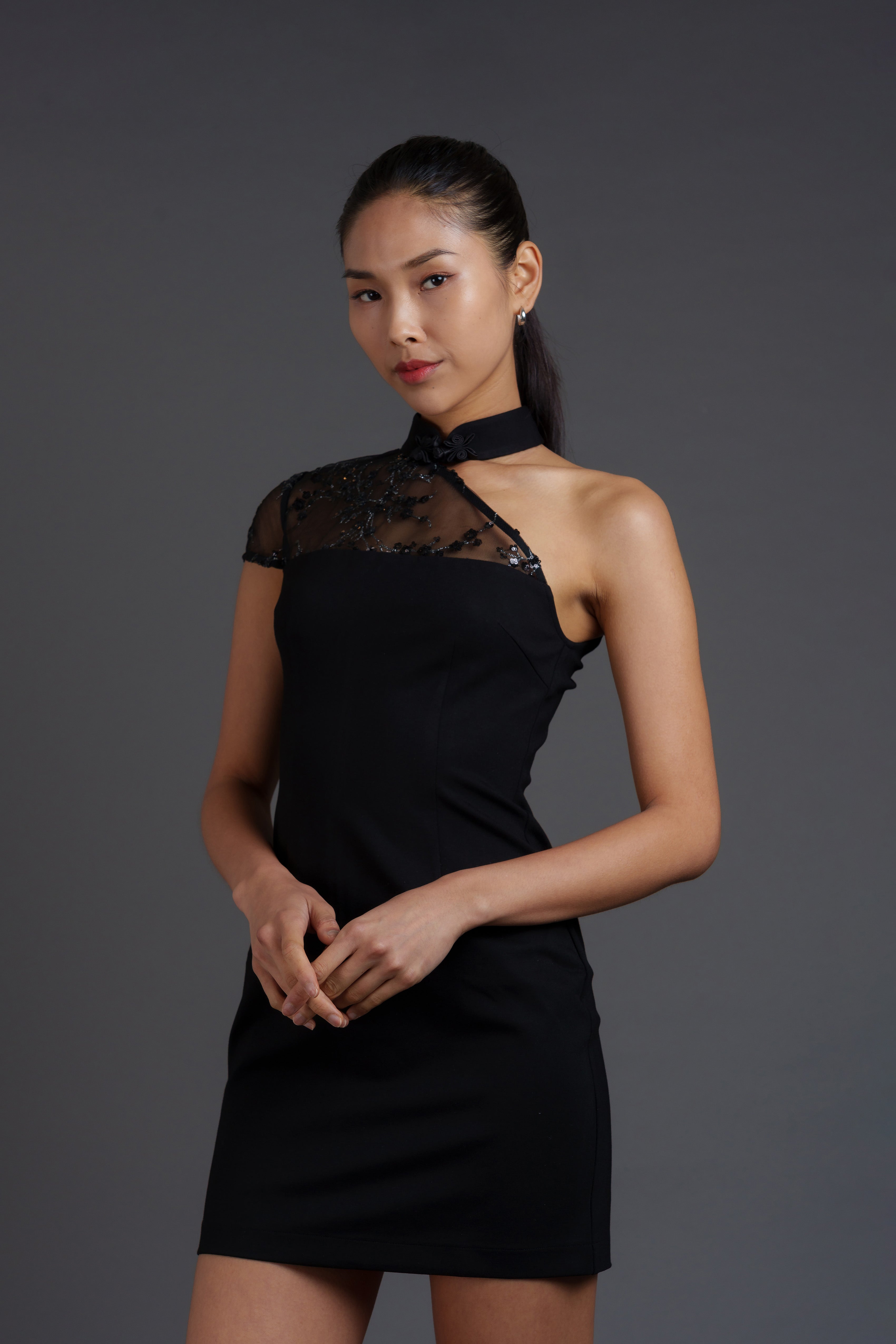 Black Rose Asymmetrical Lace Mini Qipao