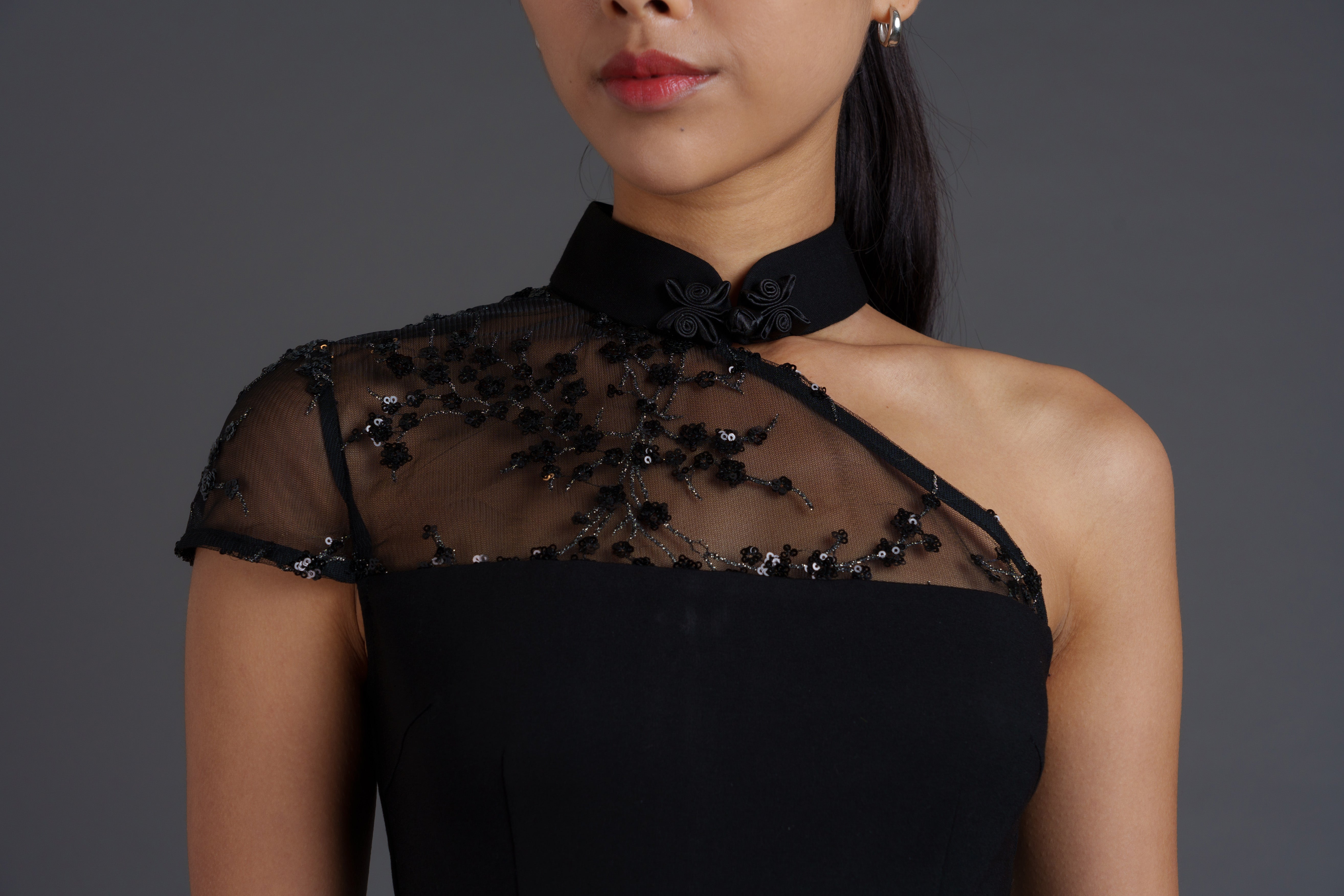 Black Rose Asymmetrical Lace Mini Qipao