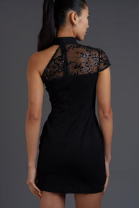 Black Rose Asymmetrical Lace Mini Qipao