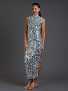 Sleeveless Disco Silver Sequins Qipao