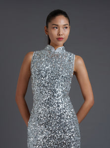 Sleeveless Disco Silver Sequins Qipao