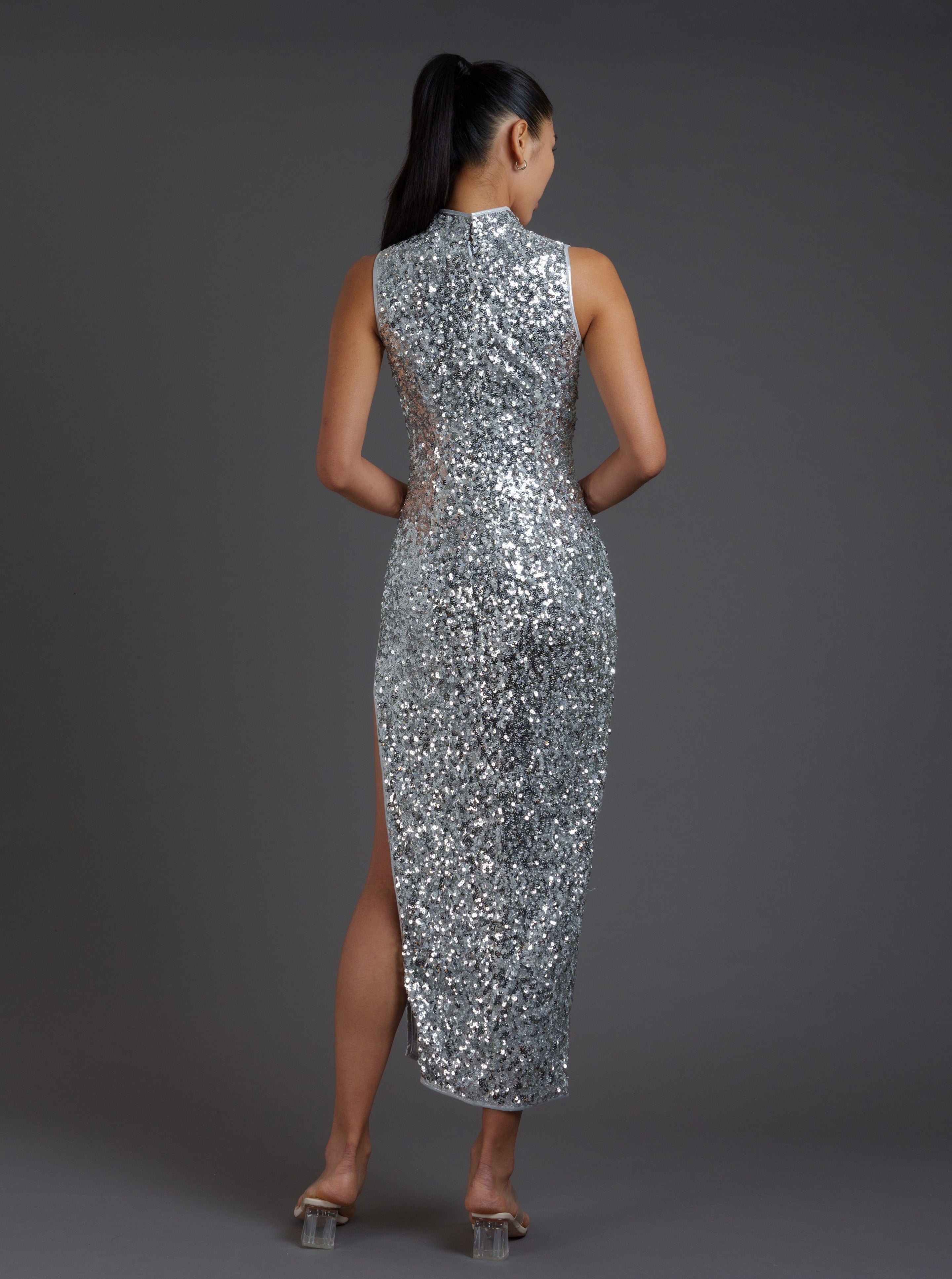 Sleeveless Disco Silver Sequins Qipao