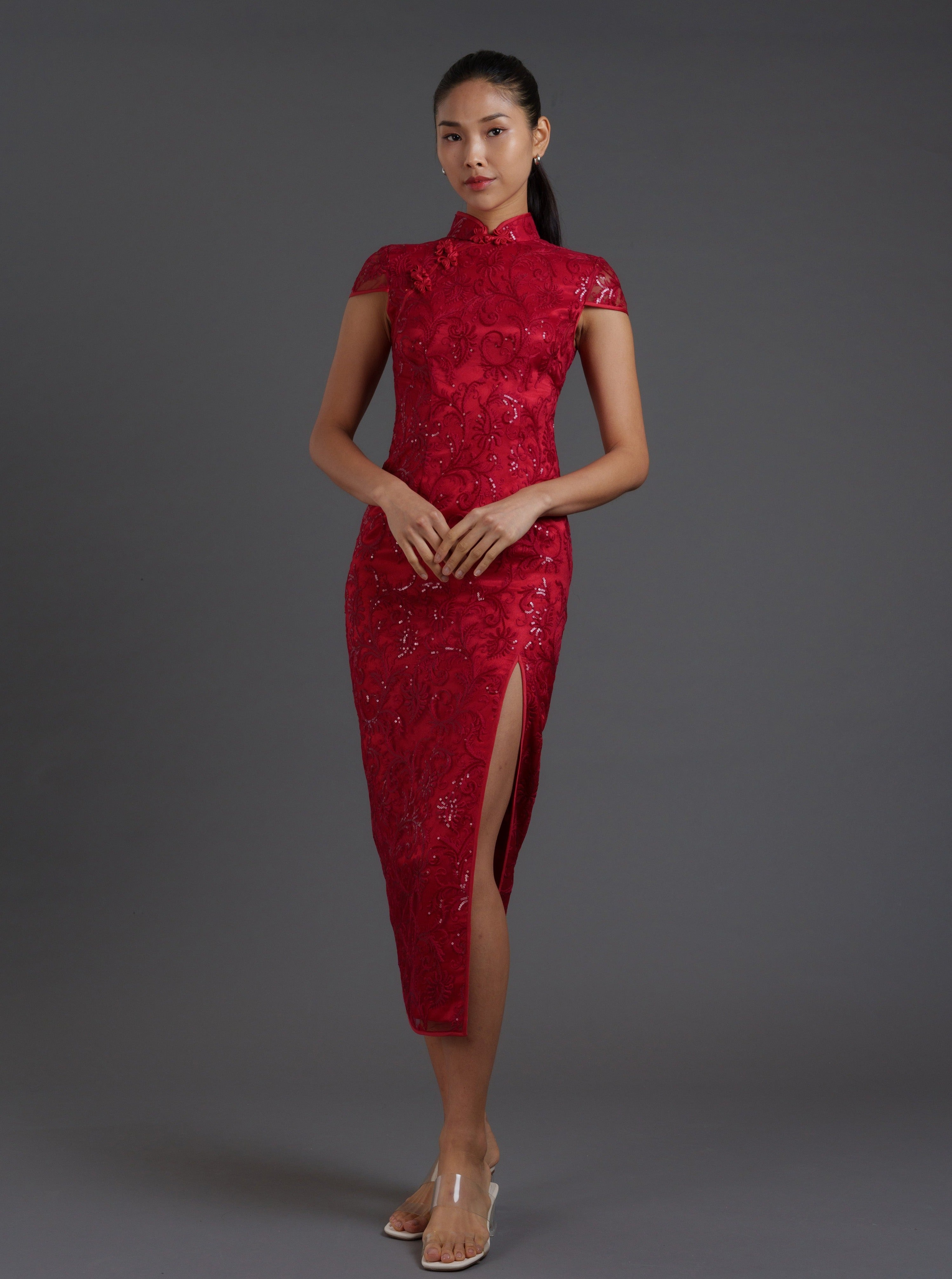 Redstar Cap Sleeve Lace Qipao