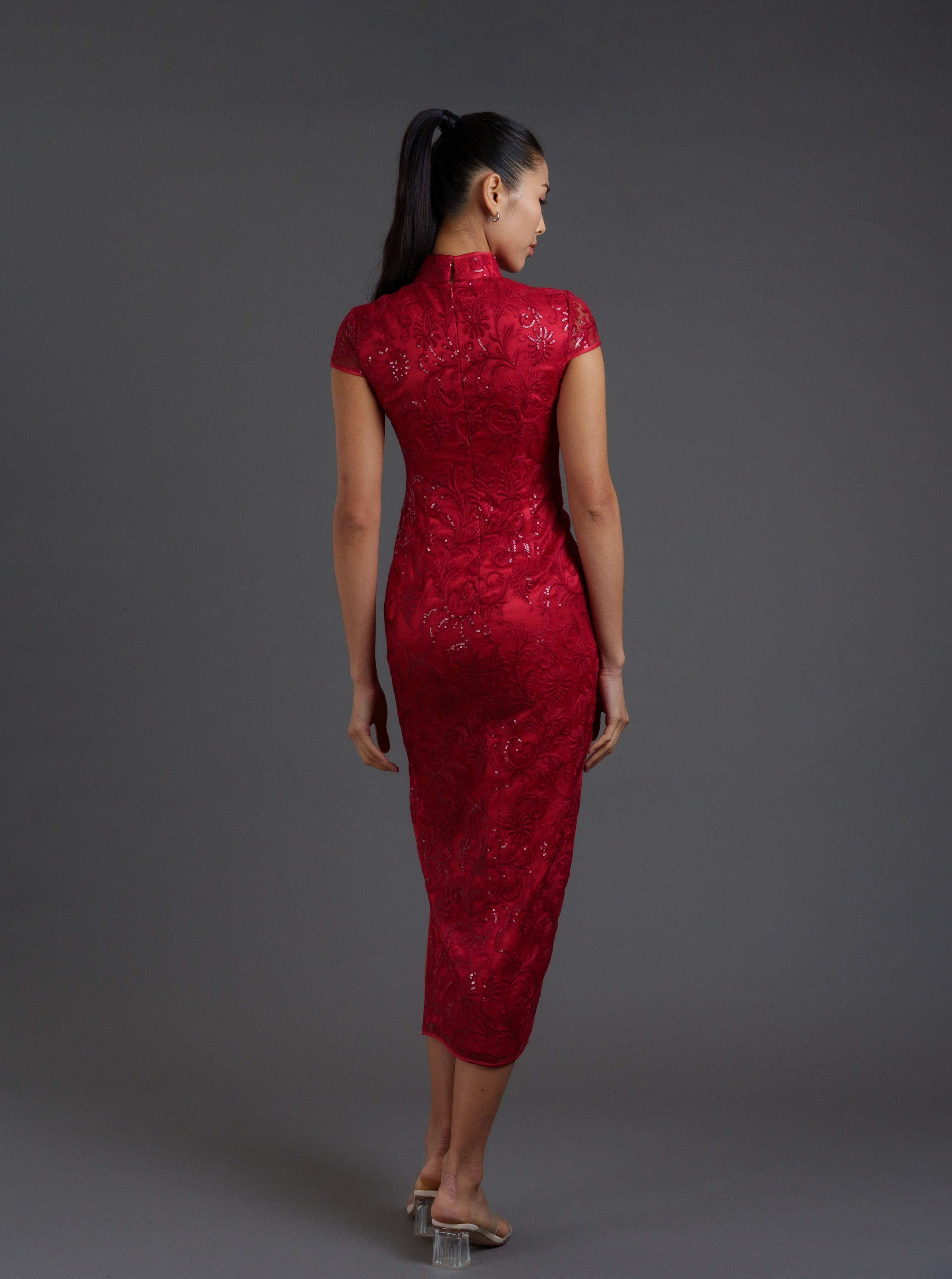 Redstar Cap Sleeve Lace Qipao