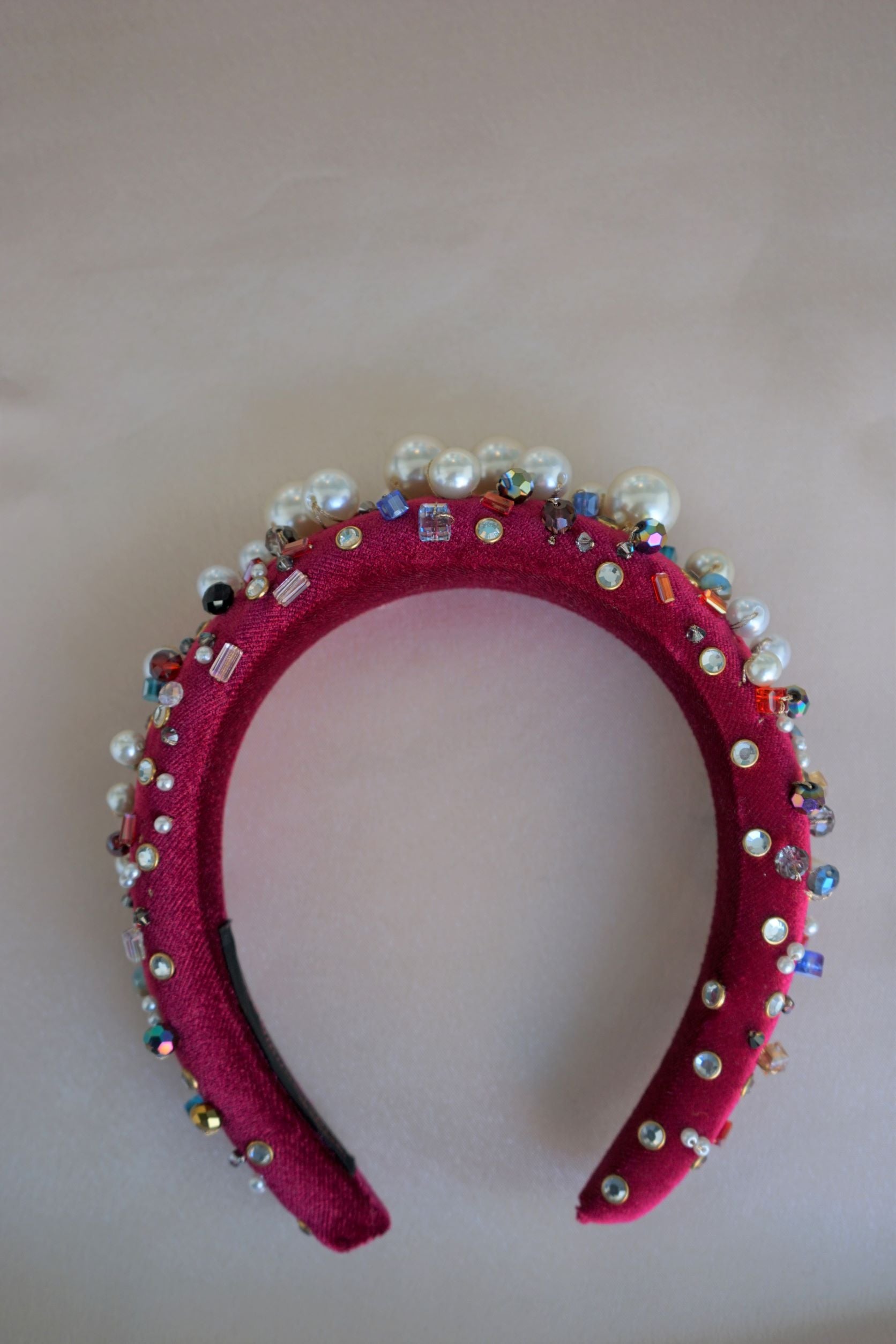 Oversized Pearl & Crystal Velvet Headband (Deep Red)