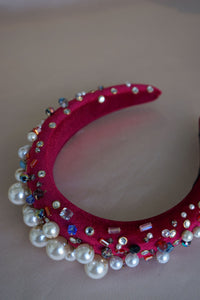 Oversized Pearl & Crystal Velvet Headband (Deep Red)