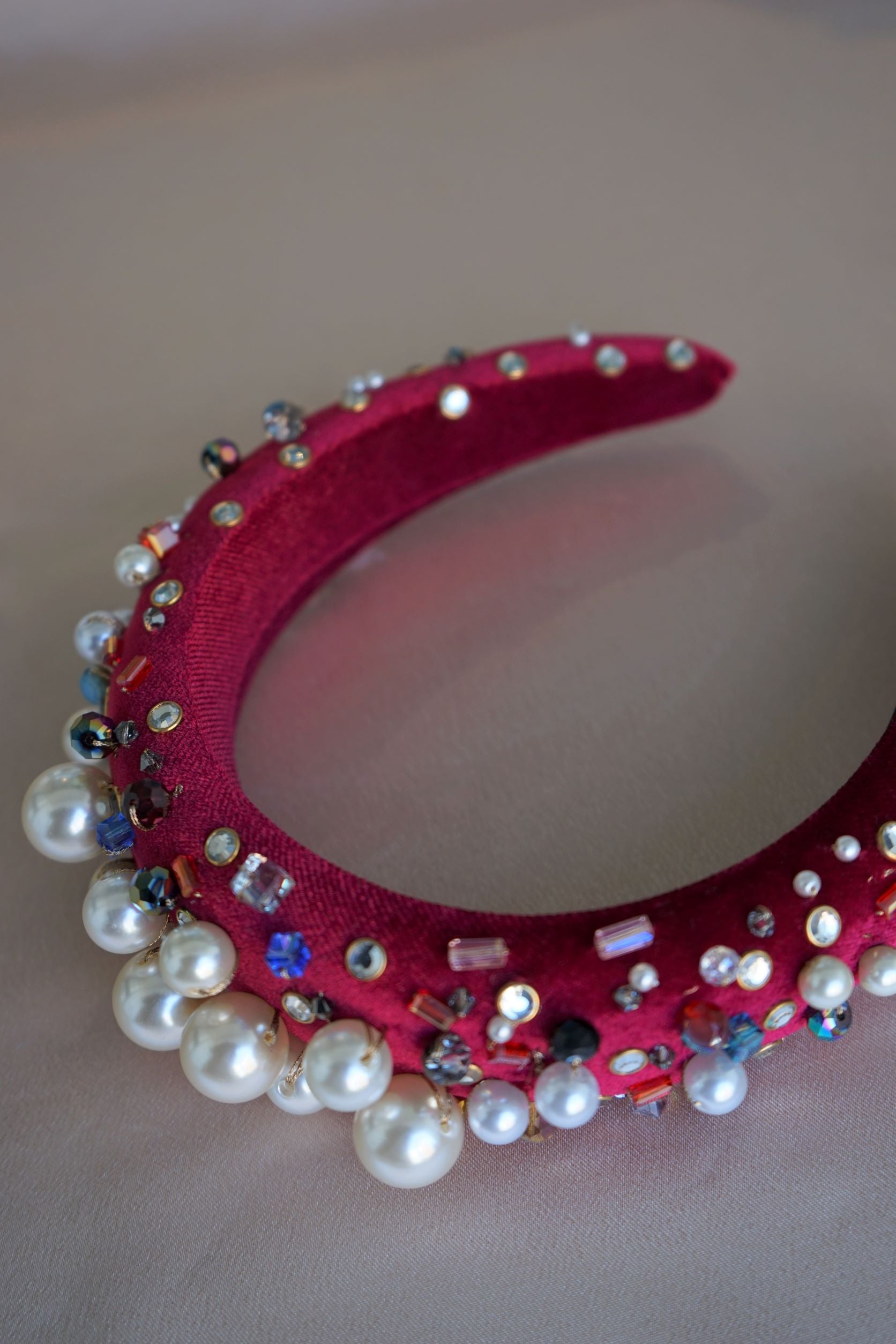 Oversized Pearl & Crystal Velvet Headband (Deep Red)