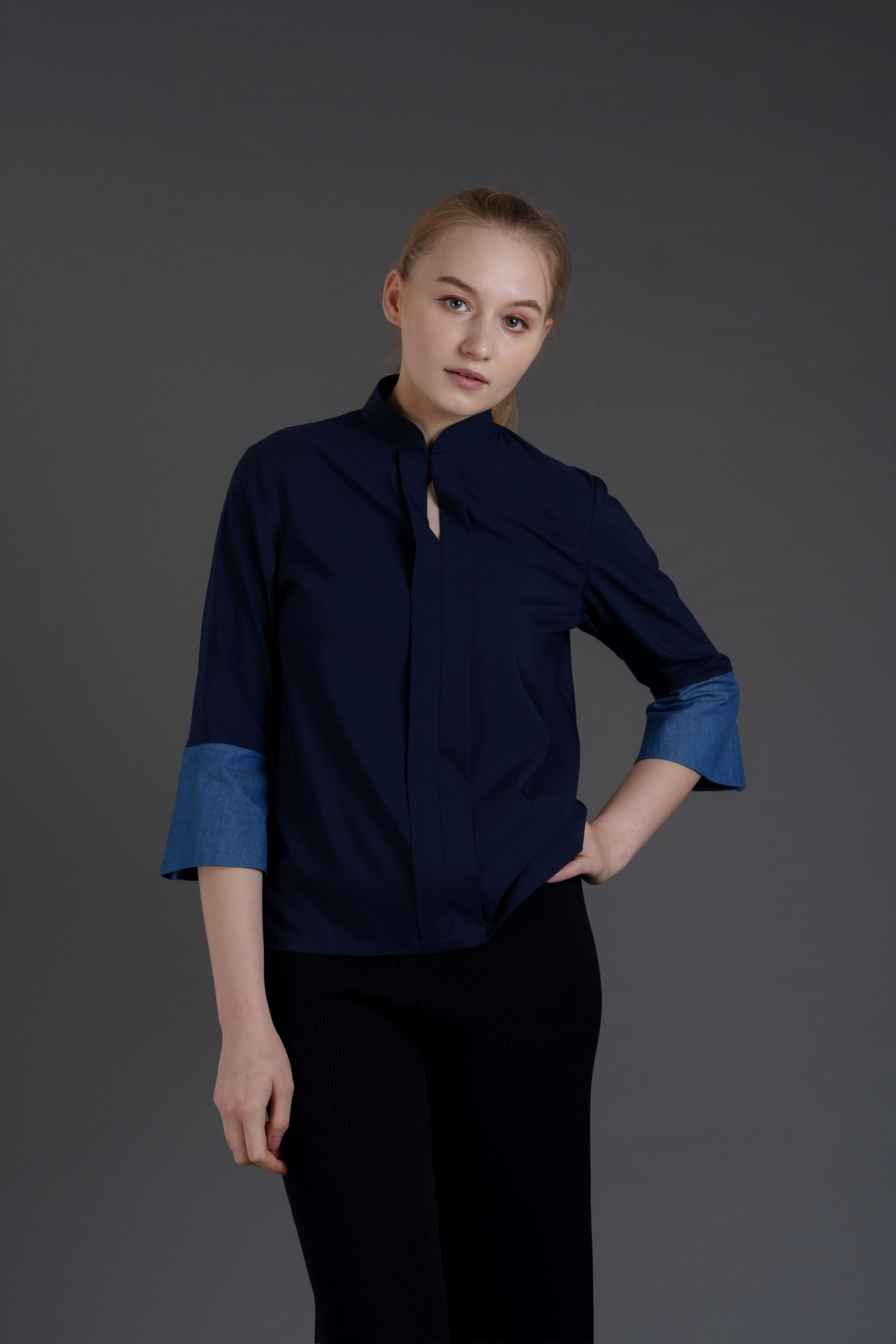 Signature Mandarin Blouse with Jade (Dark Blue/ Denim)