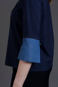 Signature Mandarin Blouse with Jade (Dark Blue/ Denim)