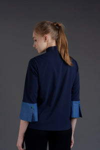 Signature Mandarin Blouse with Jade (Dark Blue/ Denim)