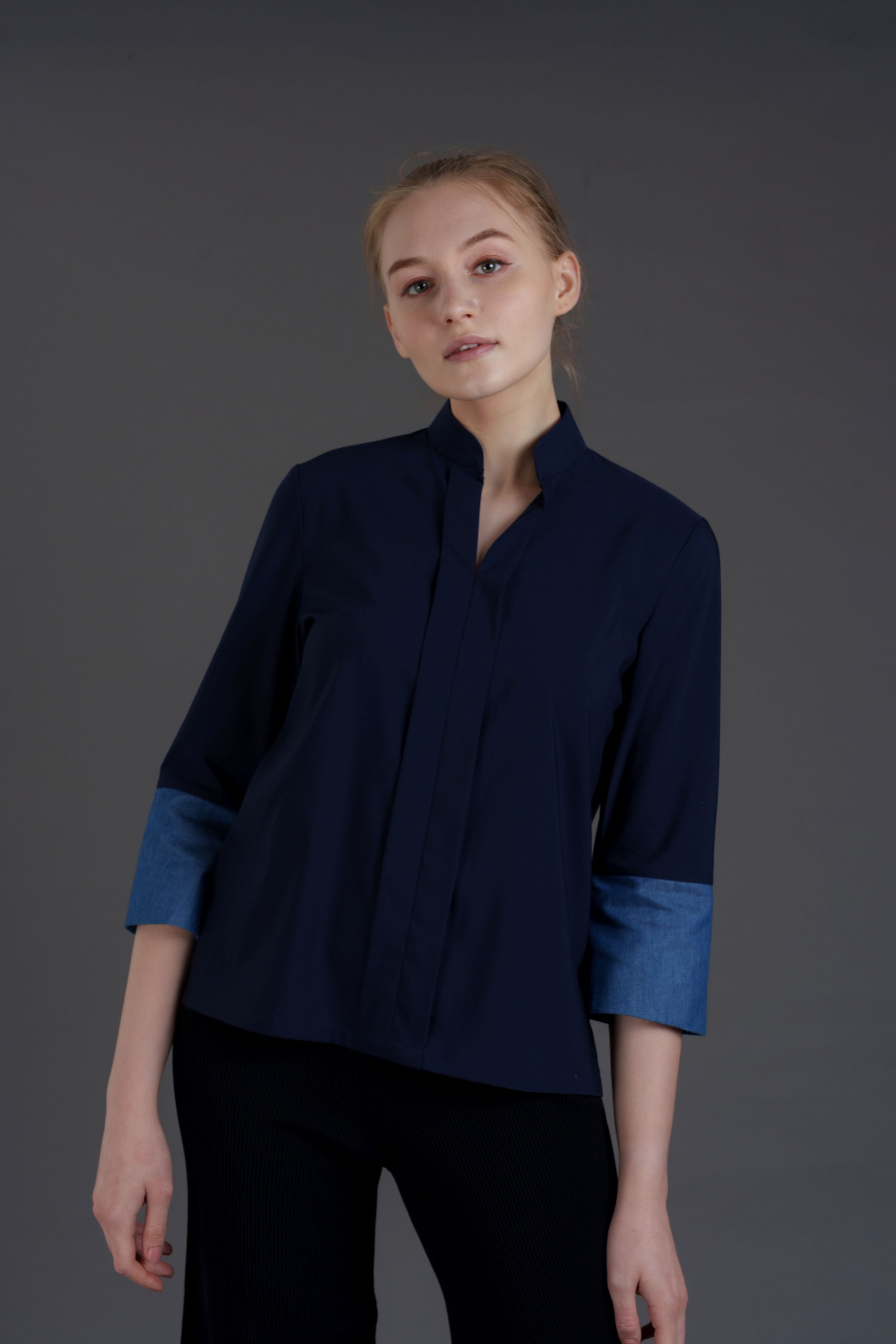 Signature Mandarin Blouse with Jade (Dark Blue/ Denim)