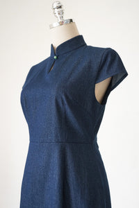 Cap Sleeves Denim A Line Qipao with Jade