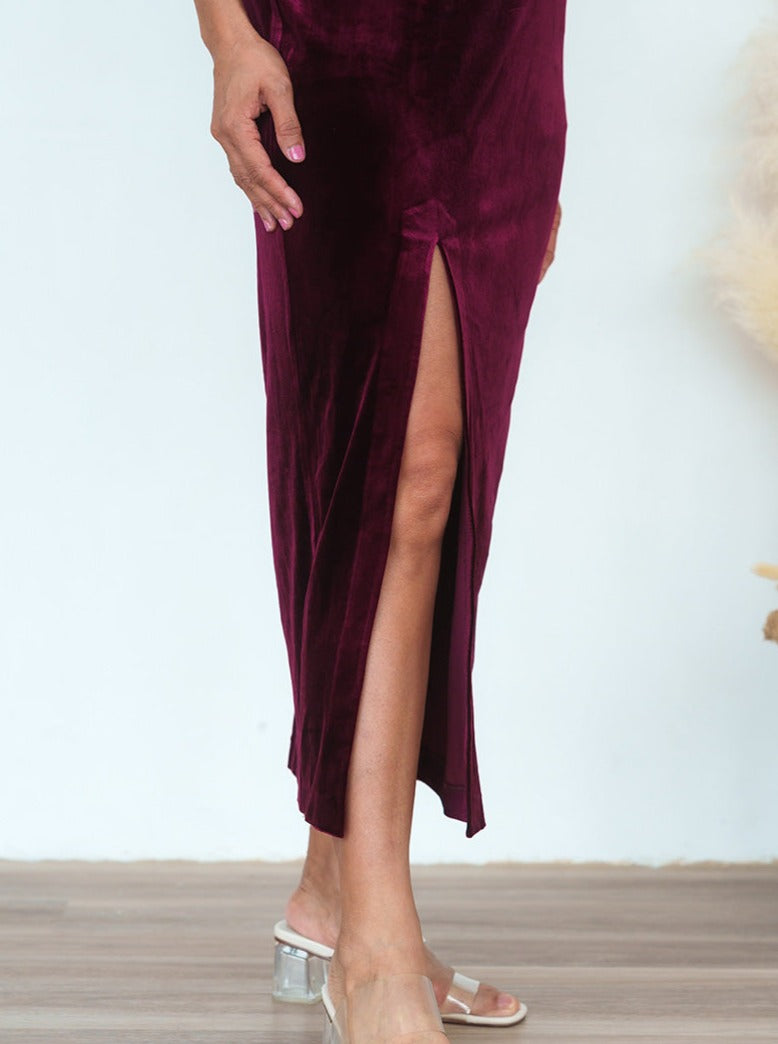 Forget Me Not Velvet Qipao Dress (Burgundy)