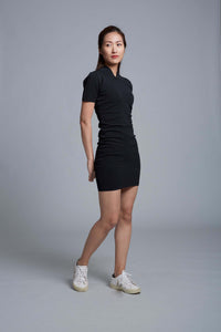 Short Sleeves Ruched Knitted Mini Qipao (Black)