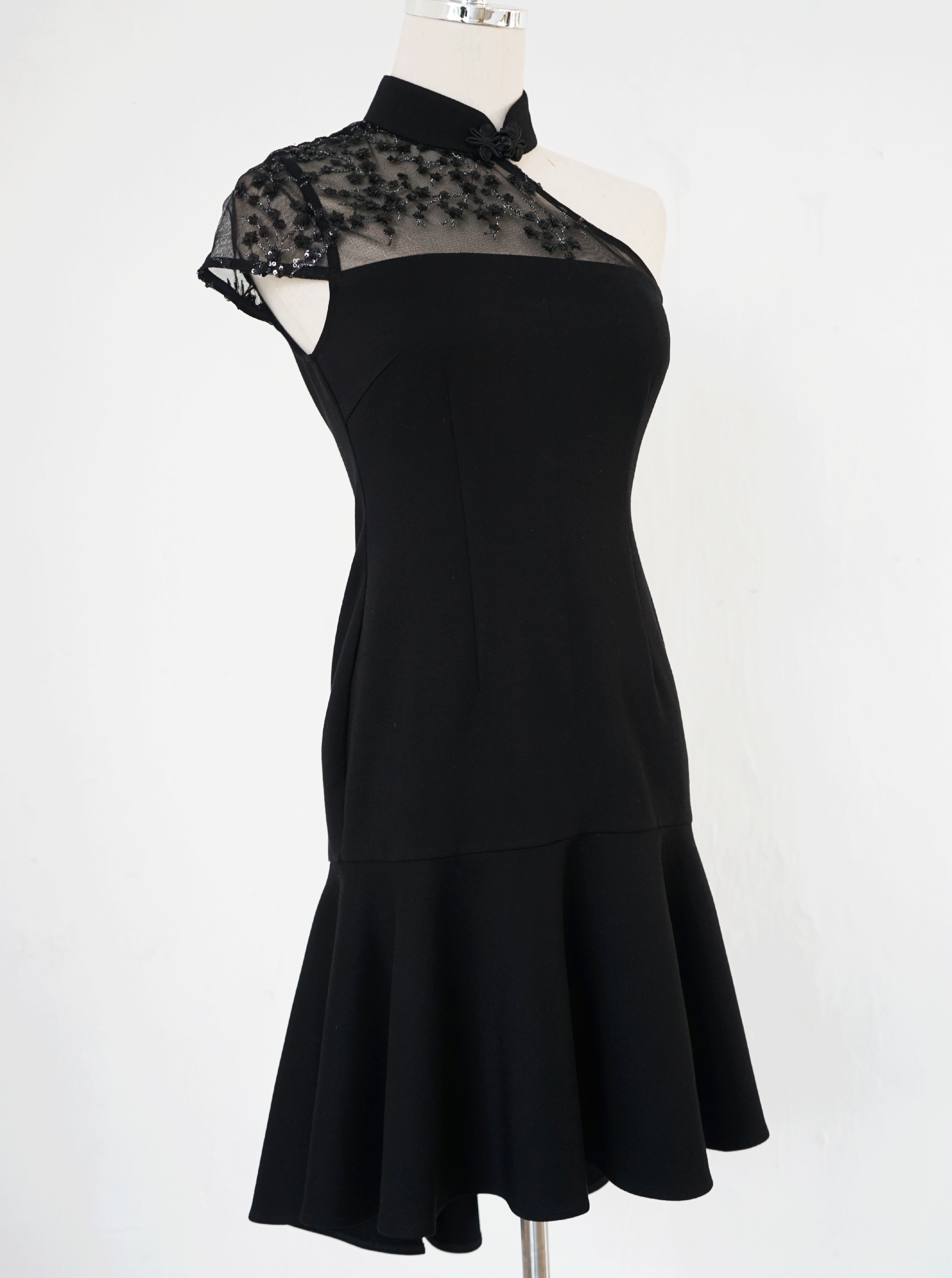 Black Rose Asymmetrical Mini Qipao with Ruffle