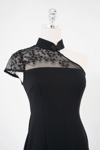 Black Rose Asymmetrical Mini Qipao with Ruffle