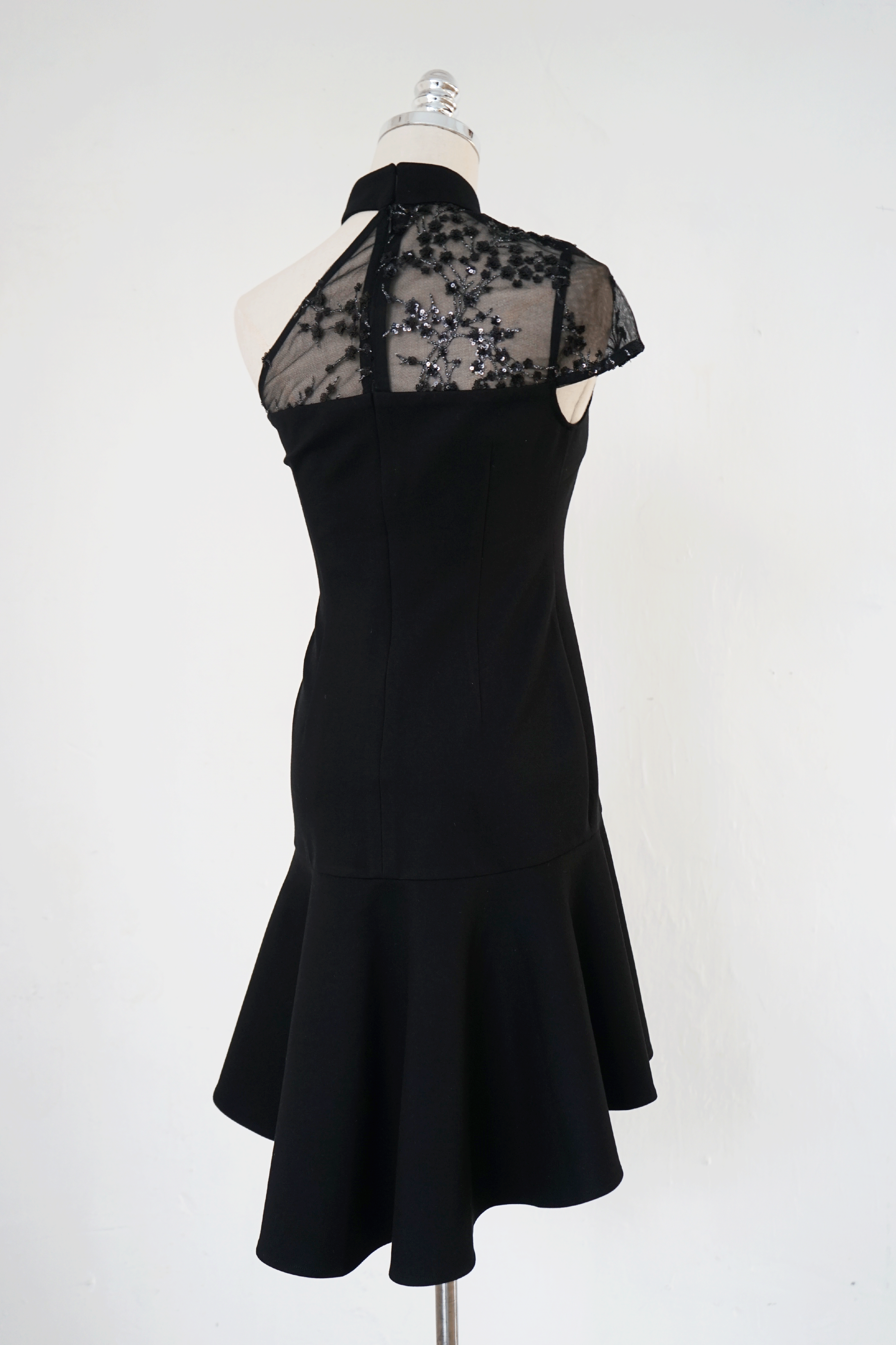 Black Rose Asymmetrical Mini Qipao with Ruffle